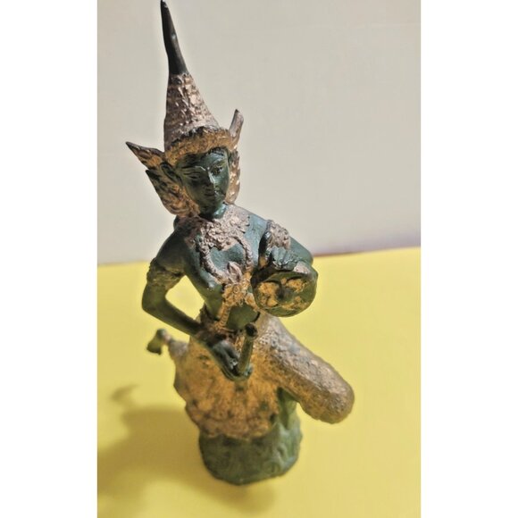 Thailand Buddhism bronze gilt musician figurine/statue 7 3/4" Tall - Picture 3 of 11